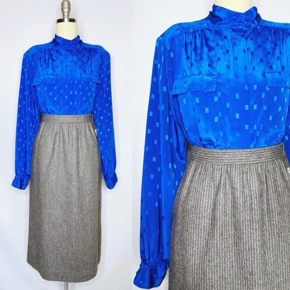 Vintage Tops - Vintage 80s Royal Blue Silky Blouse Size XL Large